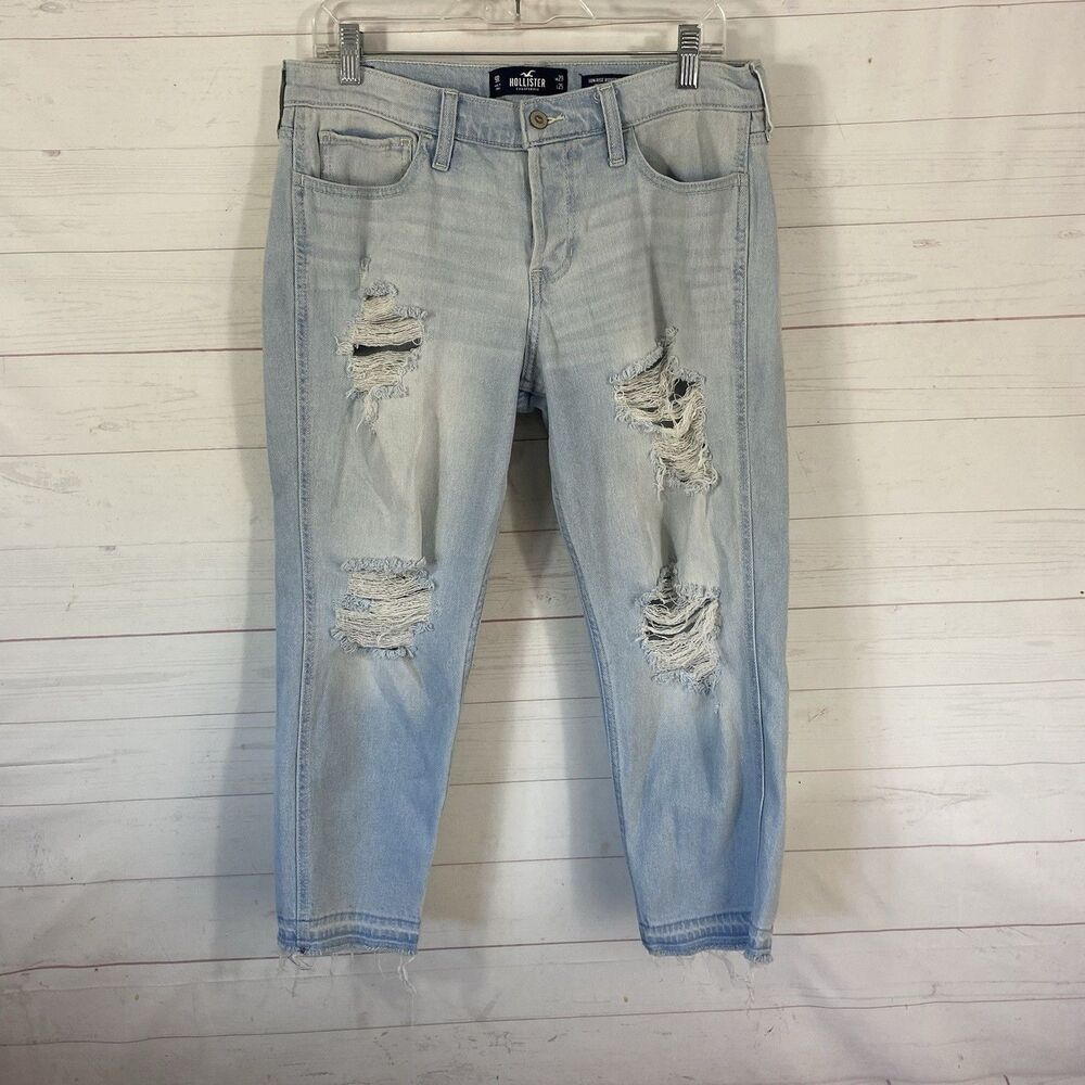 Hollister Distressed Low Rise Boyfriend Stretch Crop Jeans Sz 9 Blue Raw Hem